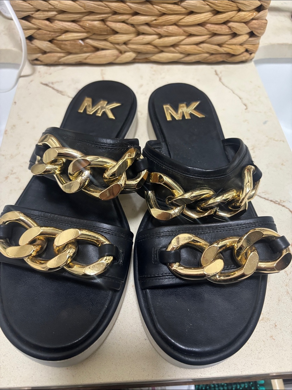 Michael Kors Black Slides with Bold Gold Chain Detail
